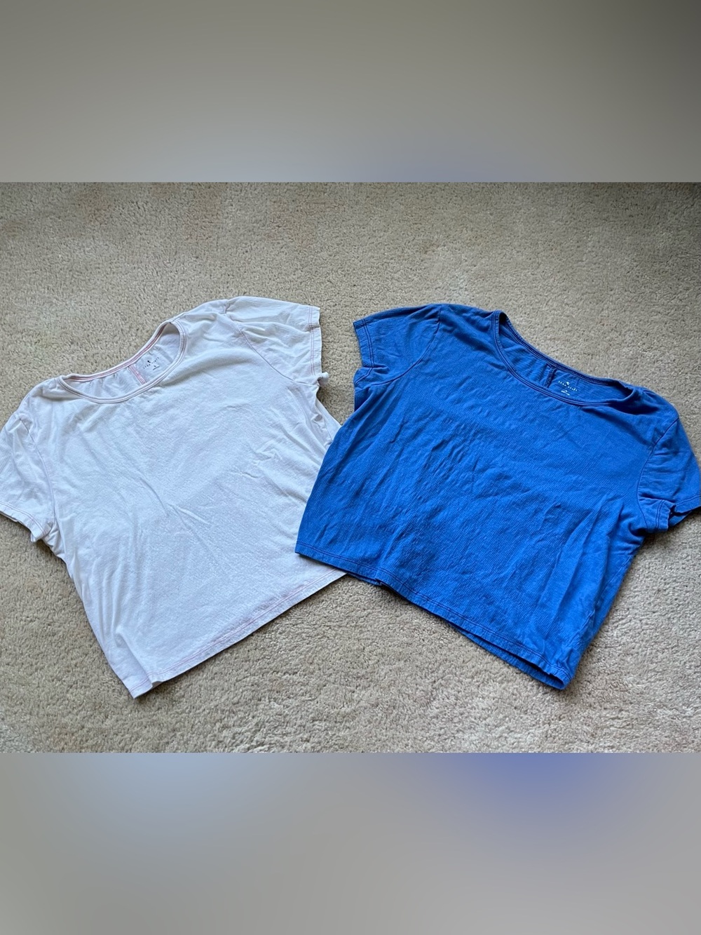 Lot of 2 True Craft Blue & Beige Boxy Cropped Short Sleeve Tees - Sz L - GUC